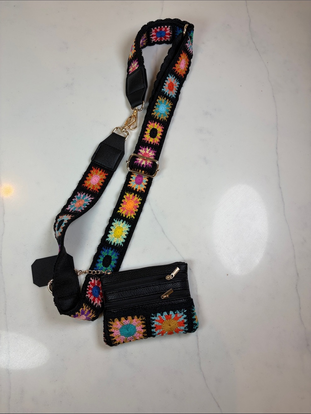 Black Multicolor Crochet Strap Crossbody wallet - Women Accessories